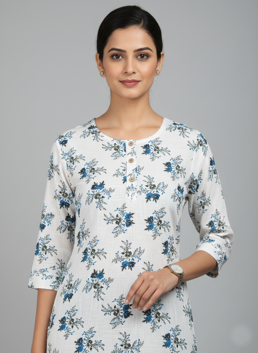 Printed 3/4 Sleeves Straight Kurti - White