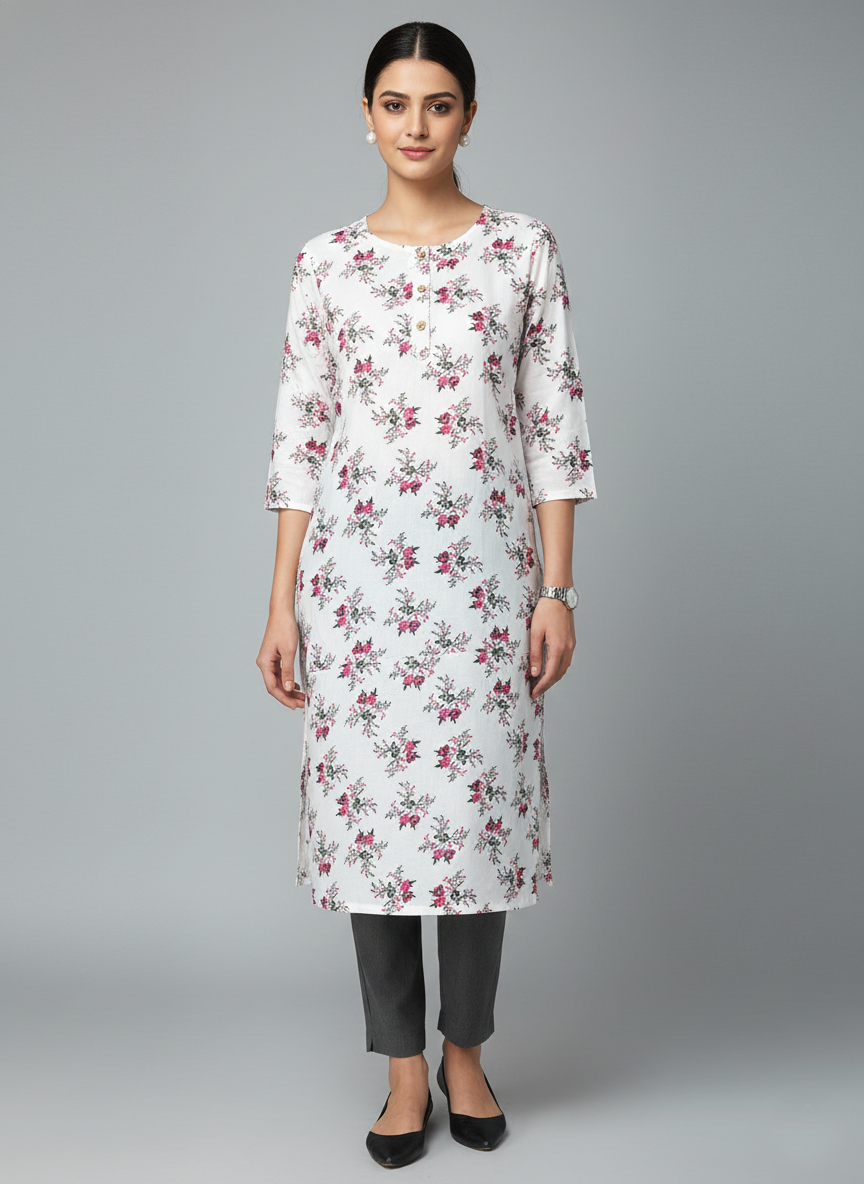 Printed 3/4 Sleeves Straight Kurti - White