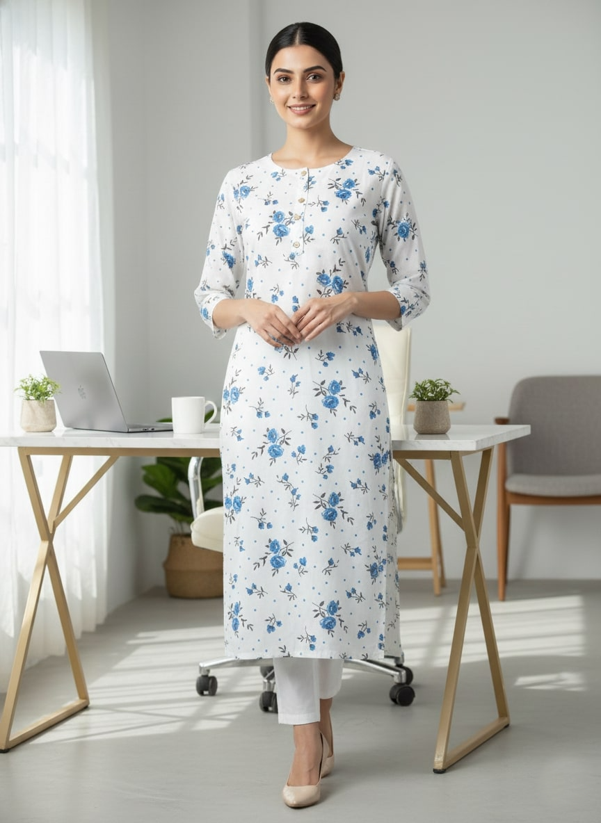 Saka Designs Rayon Printed 3/4 Sleeves Straight Kurti - White