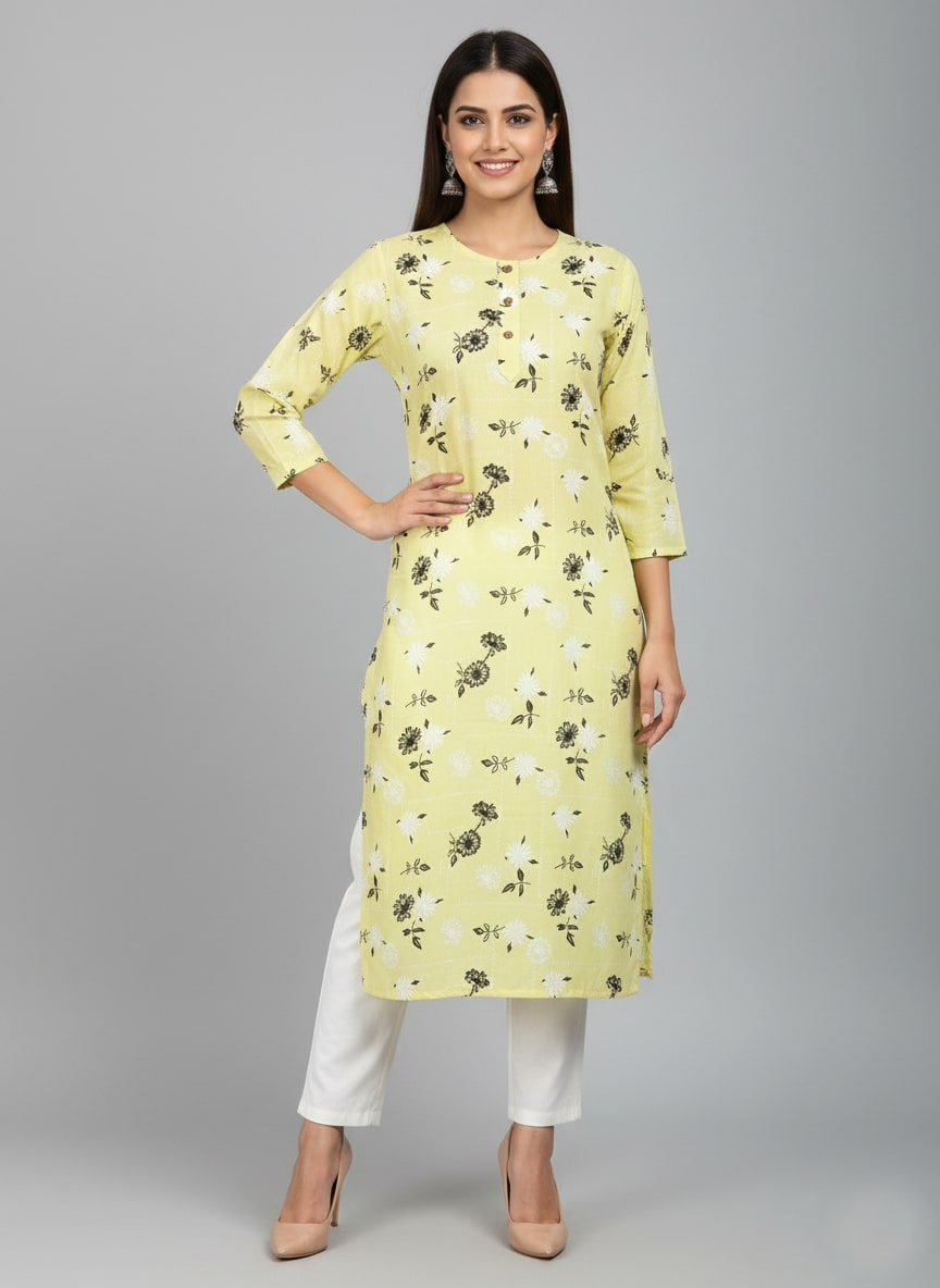 Saka Designs Rayon Printed 3/4 Sleeves Straight Kurti - Yellow