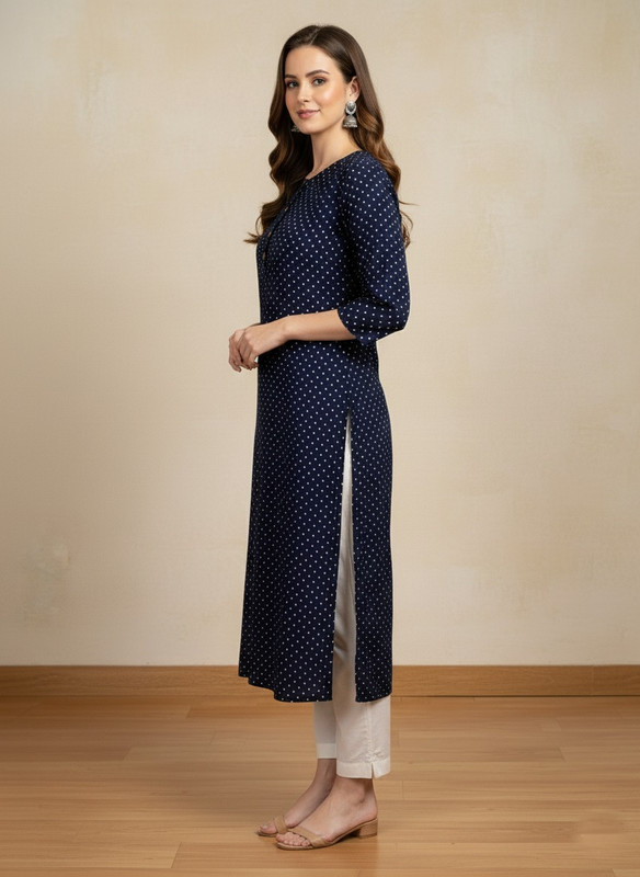 Printed 3/4 Sleeves Straight Kurti Blue (Kurti-16)
