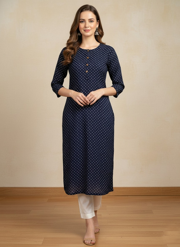 Printed 3/4 Sleeves Straight Kurti Blue (Kurti-16)