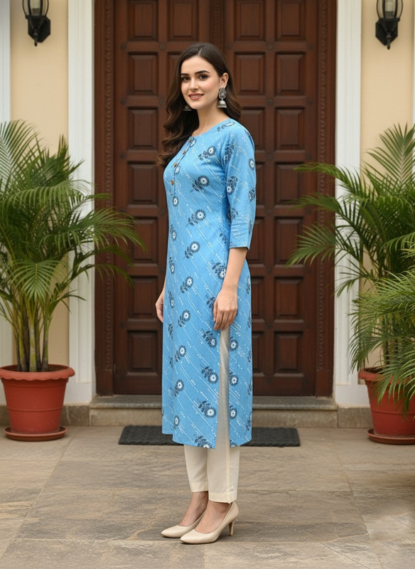 Printed 3/4 Sleeves Straight Kurti Blue (Kurti-23)
