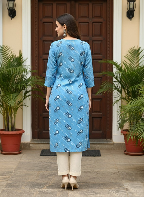 Printed 3/4 Sleeves Straight Kurti Blue (Kurti-23)