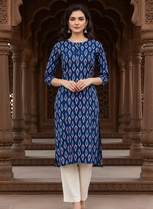 Printed 3/4 Sleeves Straight Kurti Blue (Kurti-29)