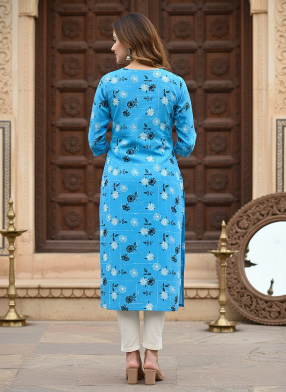 Saka Designs Printed 3/4 Sleeves Straight Kurti Blue (Kurti-2)
