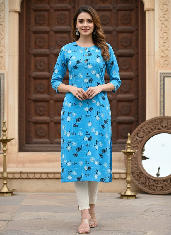 Saka Designs Printed 3/4 Sleeves Straight Kurti Blue (Kurti-2)