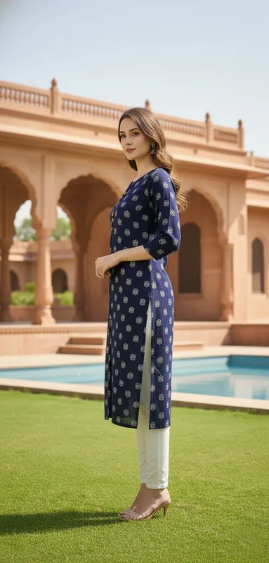 Printed 3/4 Sleeves Straight Kurti Blue (Kurti-9)