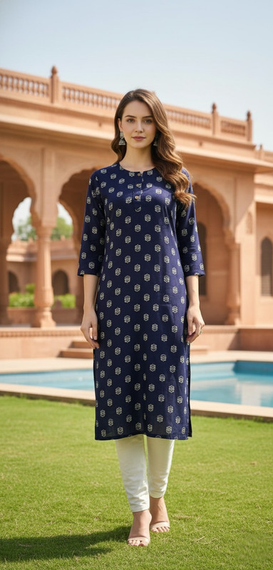 Printed 3/4 Sleeves Straight Kurti Blue (Kurti-9)