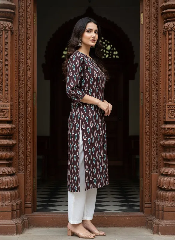 Printed 3/4 Sleeves Straight Kurti Brown (Kurti-31)
