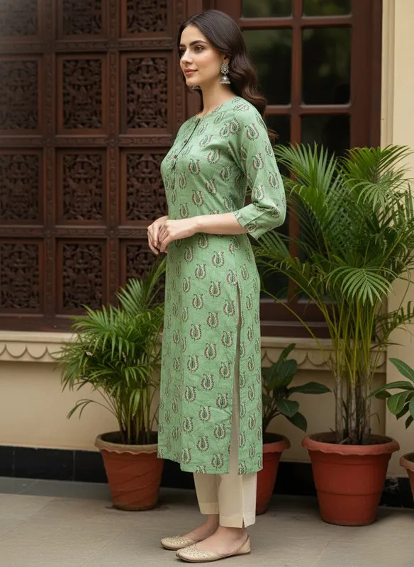 Printed 3/4 Sleeves Straight Kurti Green (Kurti-35)