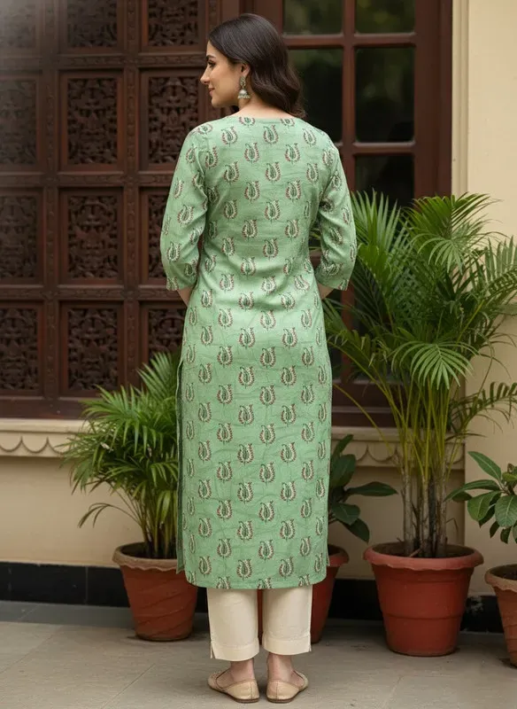 Printed 3/4 Sleeves Straight Kurti Green (Kurti-35)