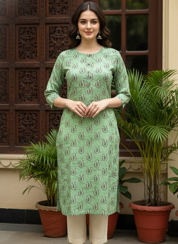 Printed 3/4 Sleeves Straight Kurti Green (Kurti-35)