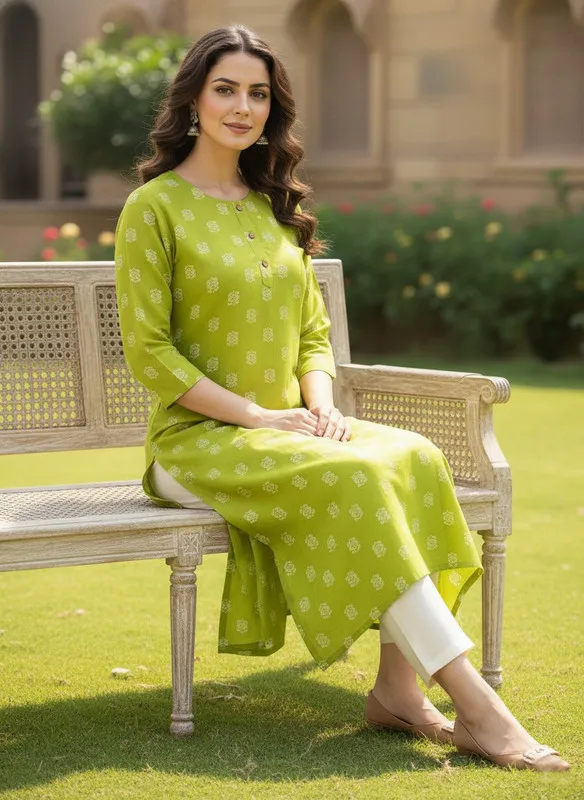 Printed 3/4 Sleeves Straight Kurti Green (Kurti-7)