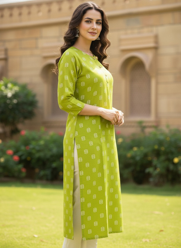 Printed 3/4 Sleeves Straight Kurti Green (Kurti-7)