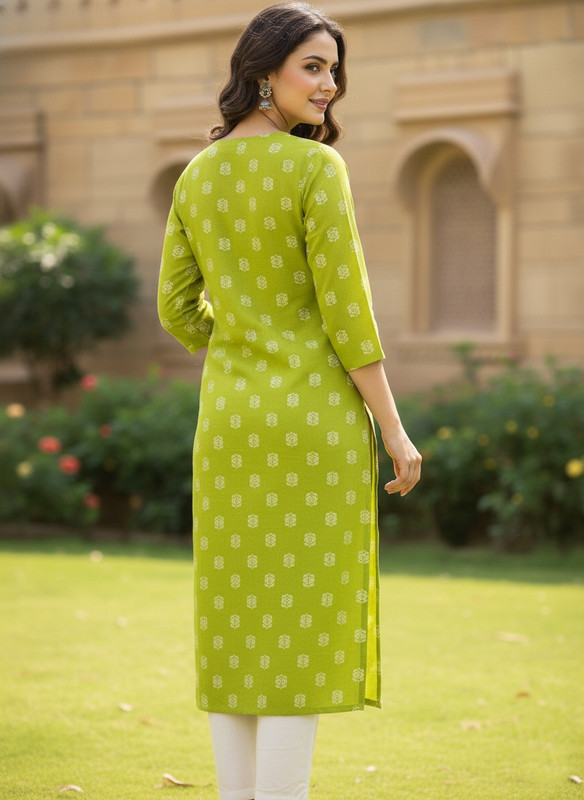 Printed 3/4 Sleeves Straight Kurti Green (Kurti-7)