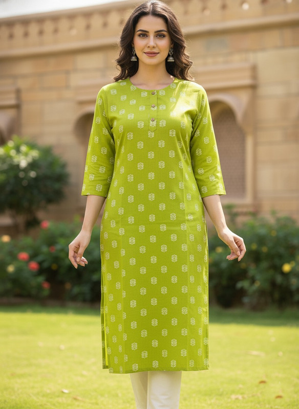 Printed 3/4 Sleeves Straight Kurti Green (Kurti-7)