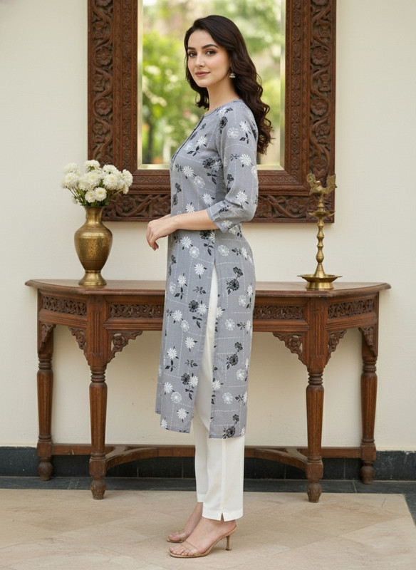 Printed 3/4 Sleeves Straight Kurti Grey (Kurti-1)