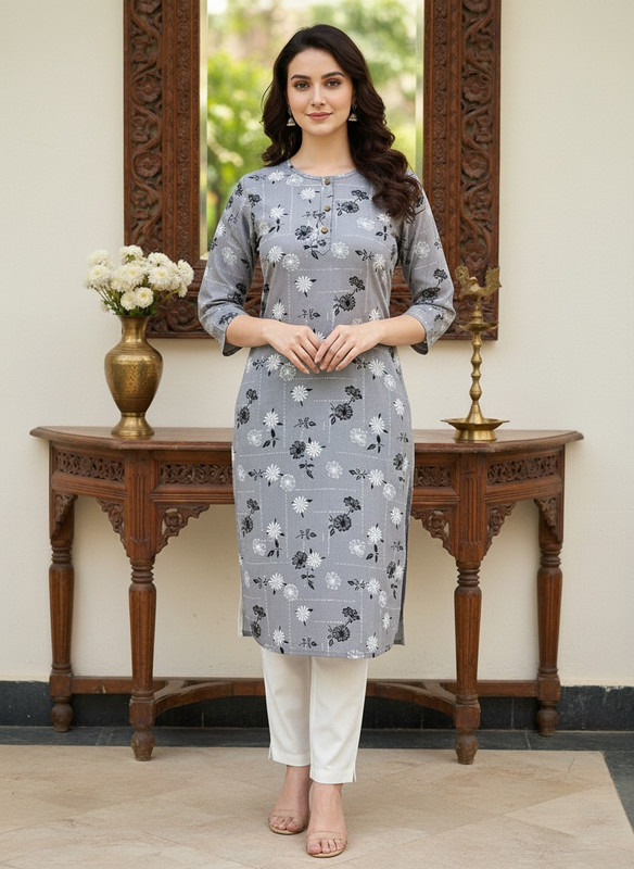 Printed 3/4 Sleeves Straight Kurti Grey (Kurti-1)
