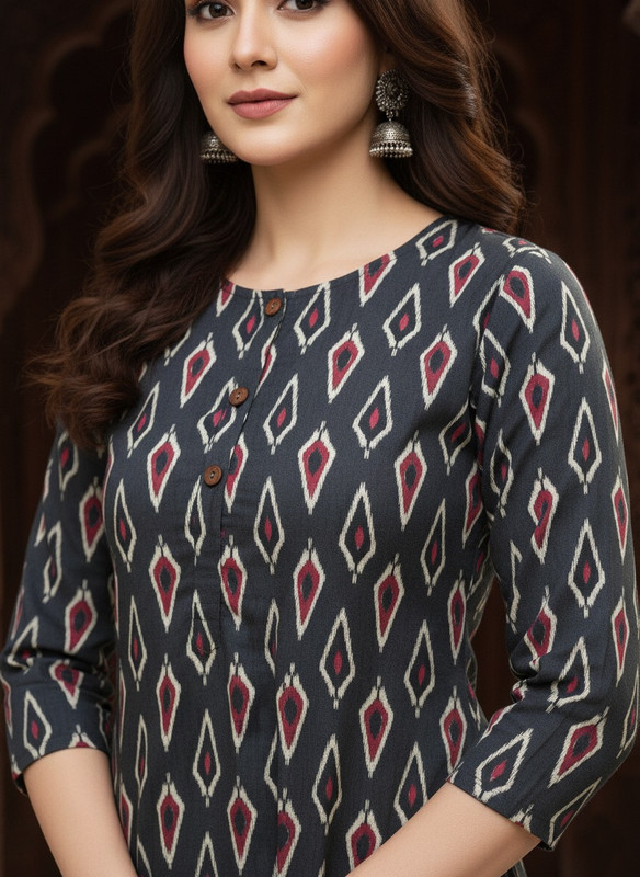 Printed 3/4 Sleeves Straight Kurti Grey (Kurti-30)
