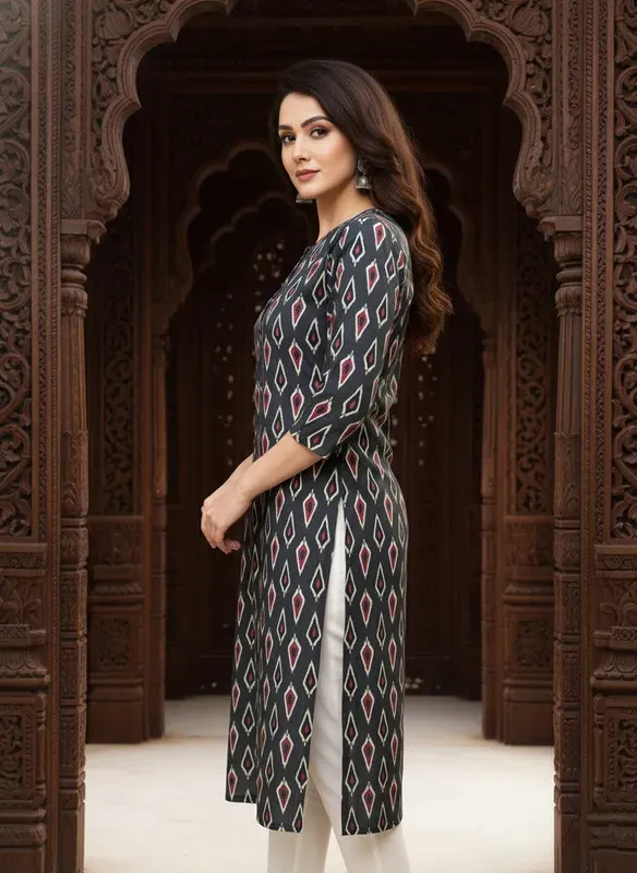 Printed 3/4 Sleeves Straight Kurti Grey (Kurti-30)