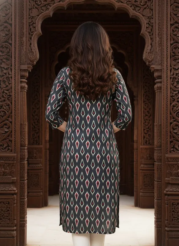 Printed 3/4 Sleeves Straight Kurti Grey (Kurti-30)
