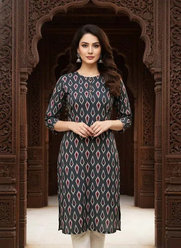 Printed 3/4 Sleeves Straight Kurti Grey (Kurti-30)