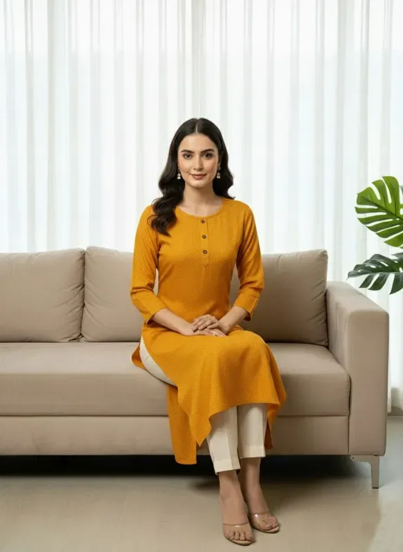 Printed 3/4 Sleeves Straight Kurti Orange (Kurti-28)