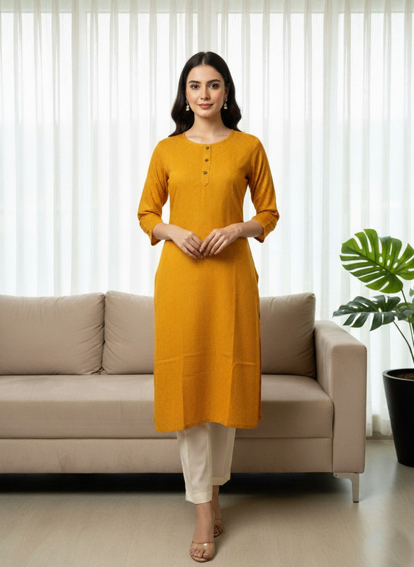 Printed 3/4 Sleeves Straight Kurti Orange (Kurti-28)