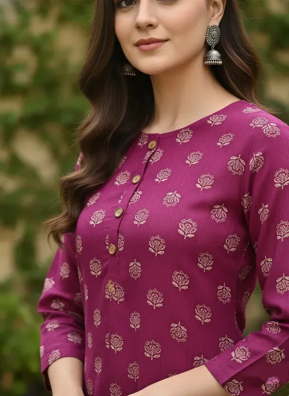 Printed 3/4 Sleeves Straight Kurti Pink (Kurti-10)