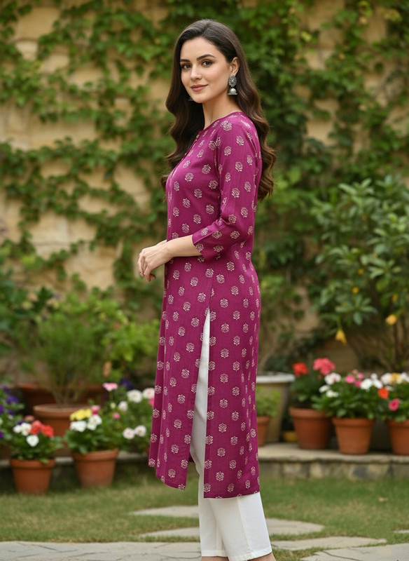Saka Designs Rayon Printed 3/4 Sleeves Straight Kurti Pink (Kurti-10)