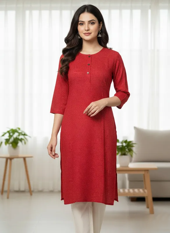 Printed 3/4 Sleeves Straight Kurti Red (Kurti-27)