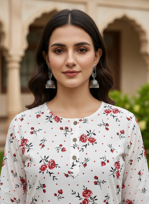 Printed 3/4 Sleeves Straight Kurti White (Kurti-18)