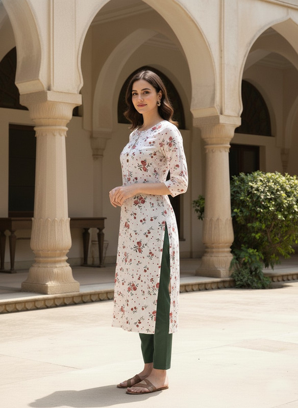Printed 3/4 Sleeves Straight Kurti White (Kurti-18)