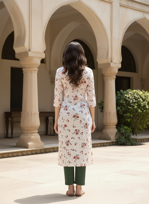 Printed 3/4 Sleeves Straight Kurti White (Kurti-18)