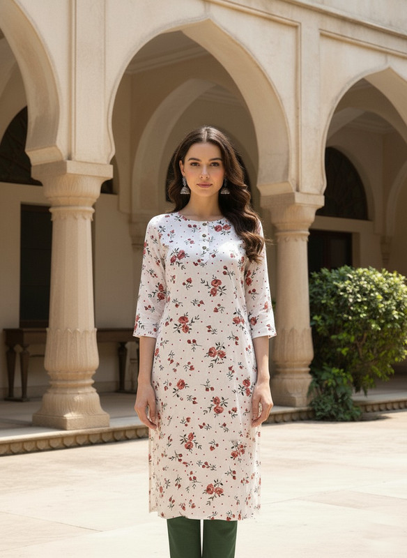 Printed 3/4 Sleeves Straight Kurti White (Kurti-18)
