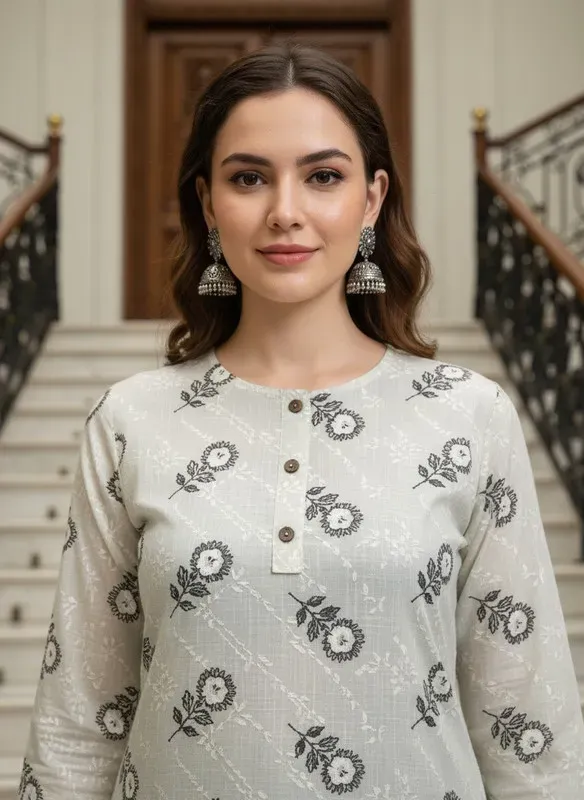 Printed 3/4 Sleeves Straight Kurti White (Kurti-26)