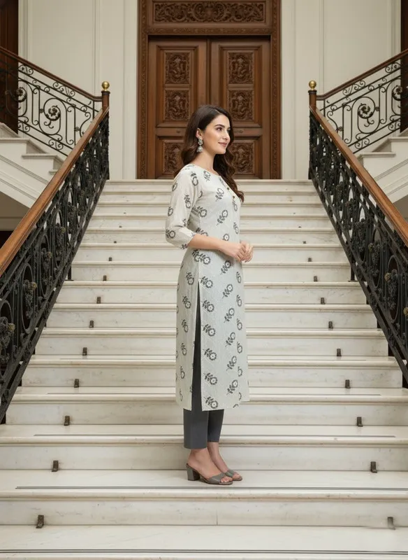 Printed 3/4 Sleeves Straight Kurti White (Kurti-26)