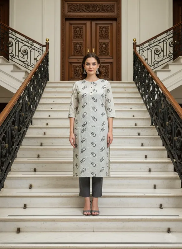 Saka Designs Rayon Printed 3/4 Sleeves Straight Kurti White (Kurti-26)