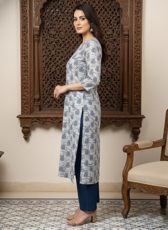 Printed 3/4 Sleeves Straight Kurti White (Kurti-33)