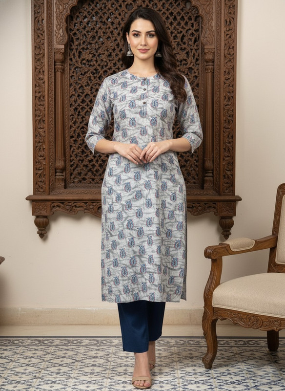 Saka Designs Rayon Printed 3/4 Sleeves Straight Kurti White (Kurti-33)