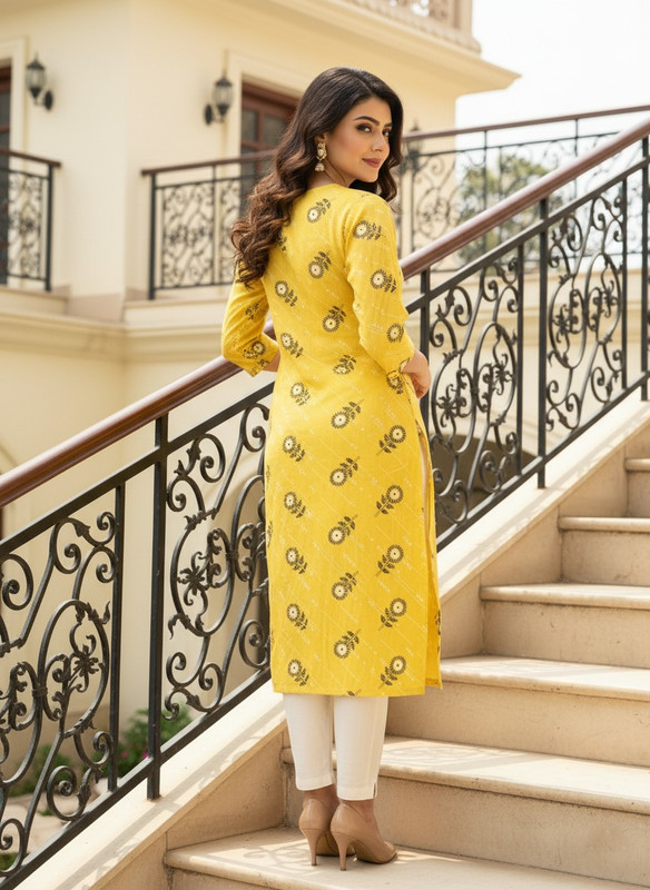 Saka Designs Rayon Printed 3/4 Sleeves Straight Kurti Yellow (Kurti-21)