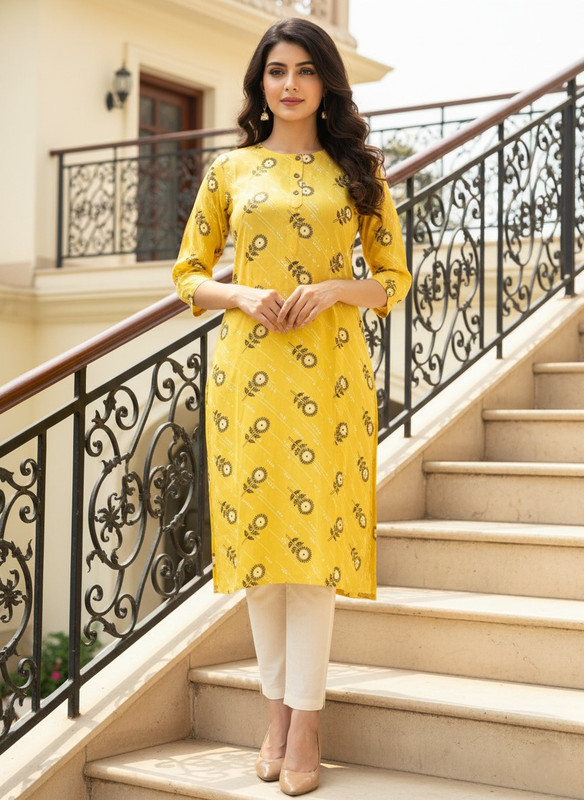 Saka Designs Rayon Printed 3/4 Sleeves Straight Kurti Yellow (Kurti-21)