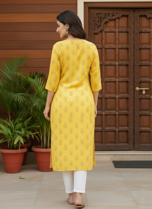 Printed 3/4 Sleeves Straight Kurti Yellow (Kurti-36)