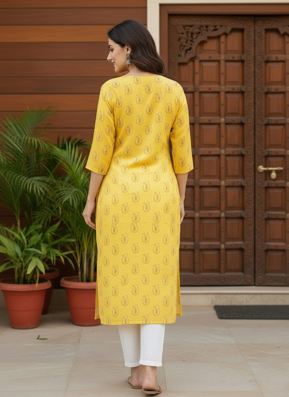 Saka Designs Rayon Printed 3/4 Sleeves Straight Kurti Yellow (Kurti-36)