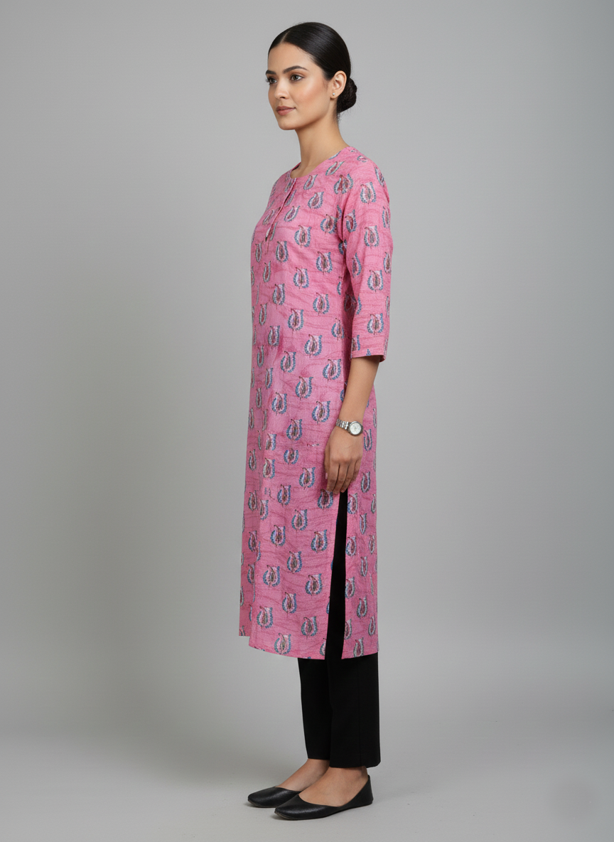 Printed 3/4 Sleeves Straight Kurti - Pink