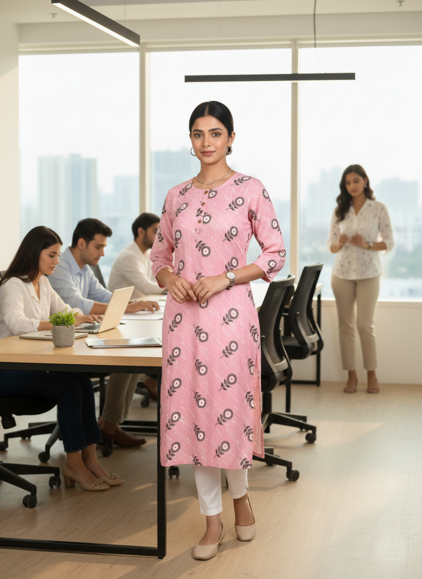 Saka Designs Rayon Printed 3/4 Sleeves Straight Kurti - Pink