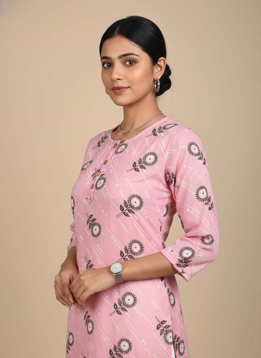 Saka Designs Rayon Printed 3/4 Sleeves Straight Kurti - Pink