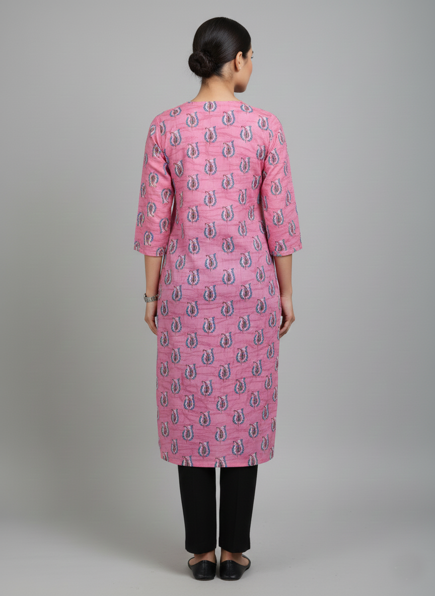 Printed 3/4 Sleeves Straight Kurti - Pink