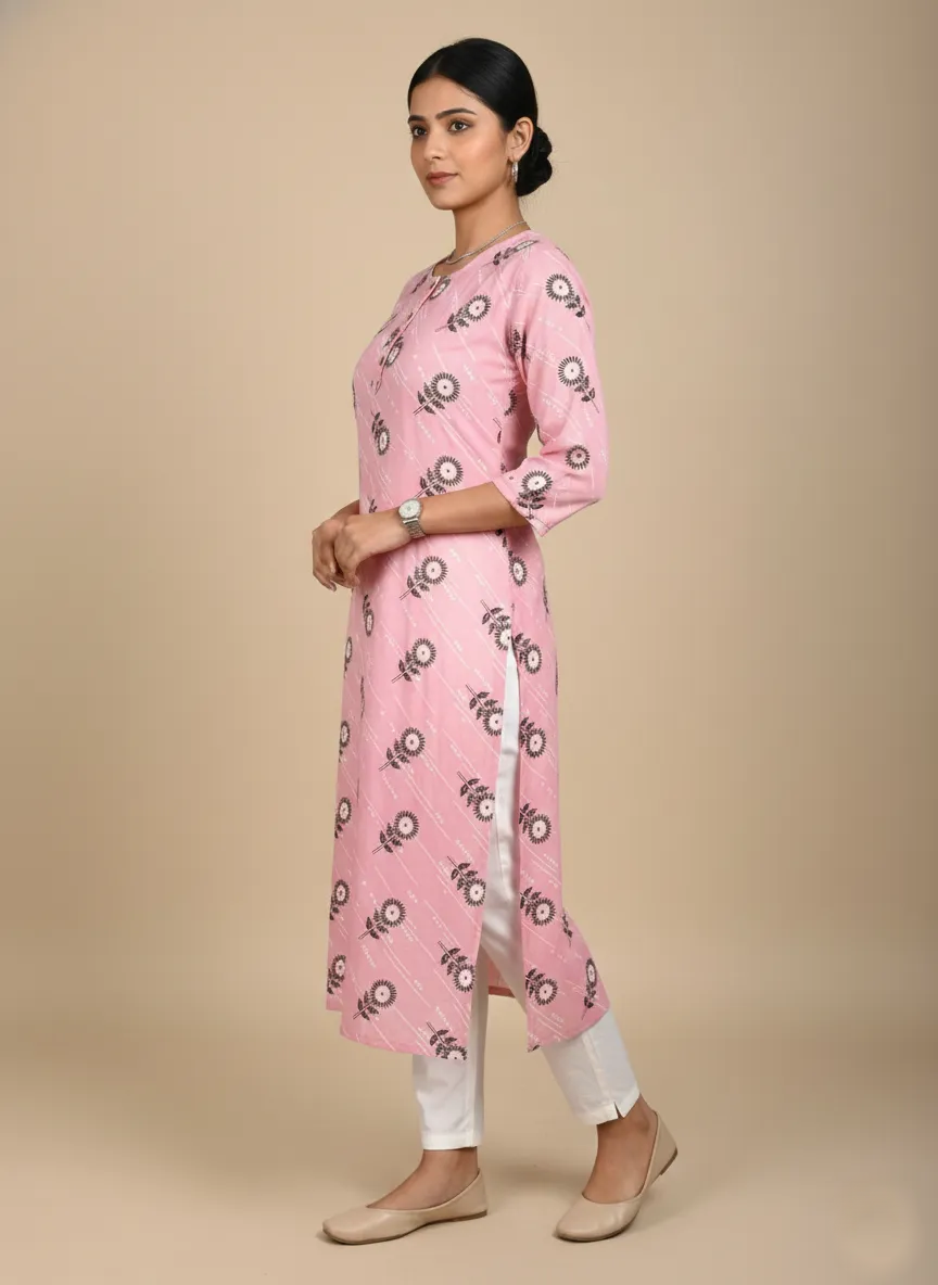 Printed 3/4 Sleeves Straight Kurti - Pink